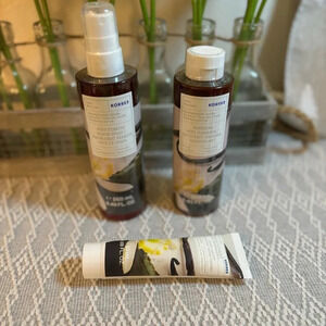 Korres Bundle, Body Cleanser, Body Butter and Body Firming Serum Spray. Vanilla